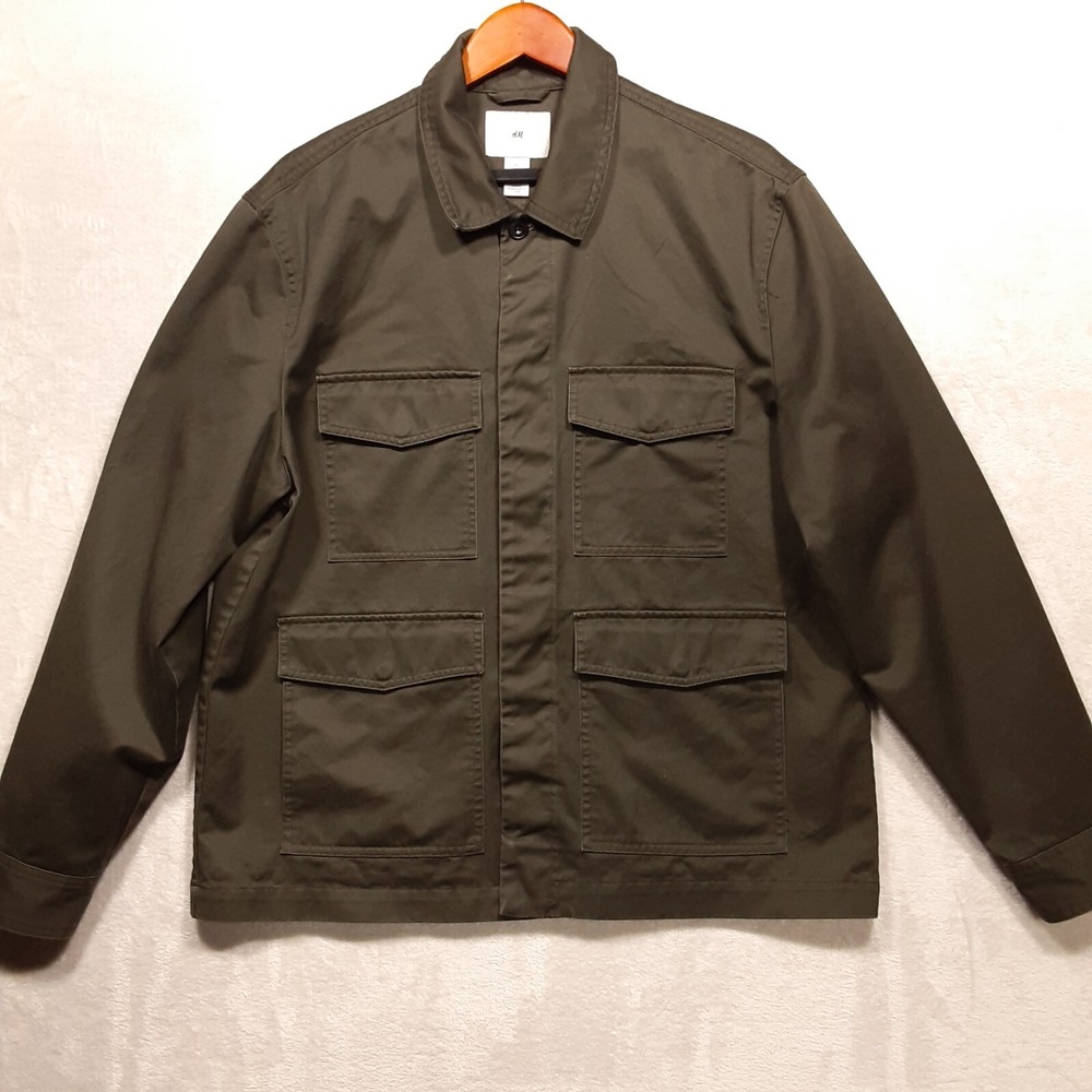H&M Mens Water Repellent Cargo Jacket Sz.Large/Dark Olive Green Button Up